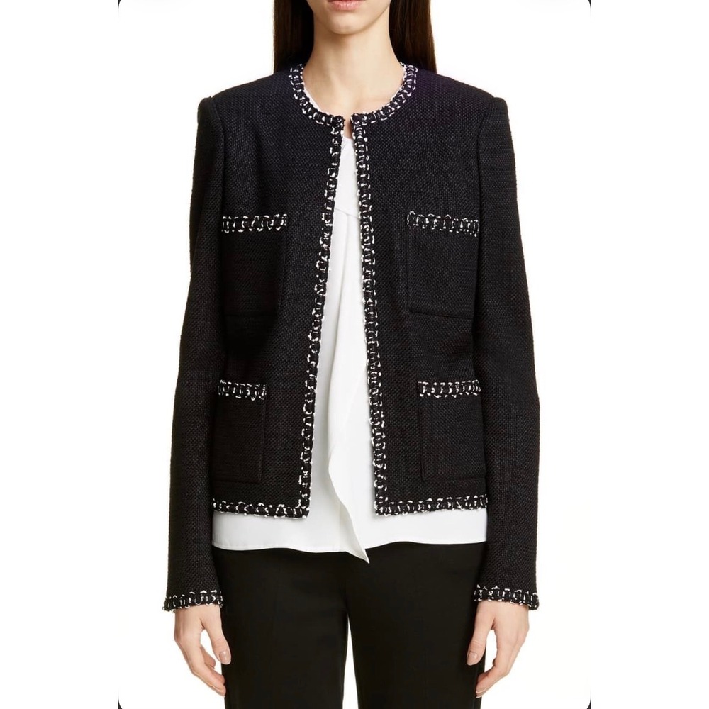 St. John Collection Black White Wool Blend Tweed Knit Jacket size 8 Classic Chic